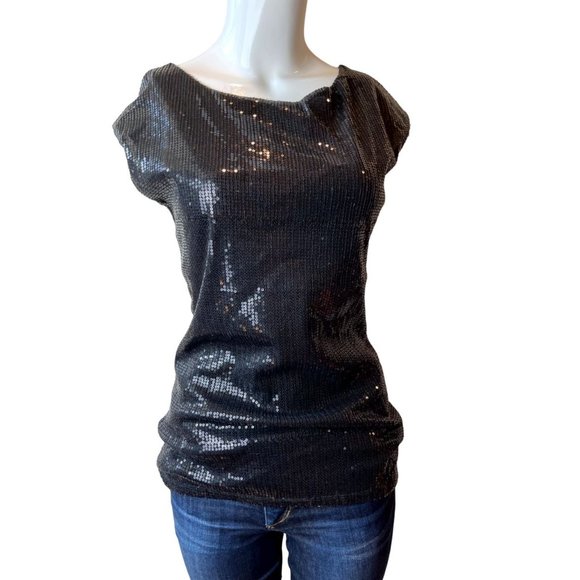 The Limited Women Sequin Blouse Top Cap Sleeves Boat Neck Black Size X Small - Picture 1 of 7